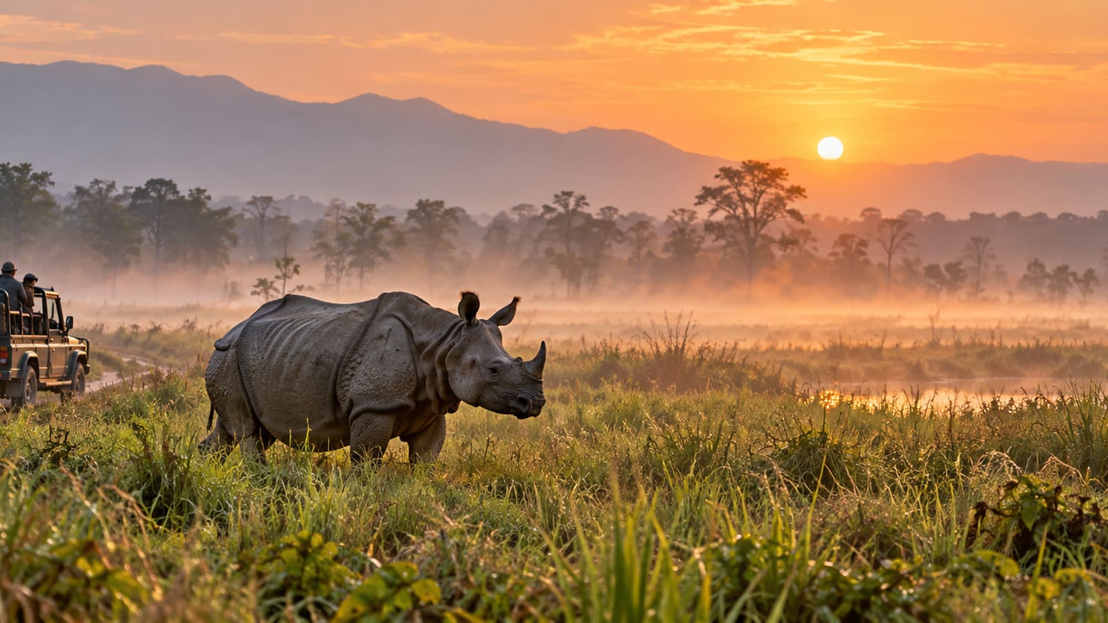 AI-generated illustration of a one-horned rhino in Chitwan grassland with a safari jeep in the distance