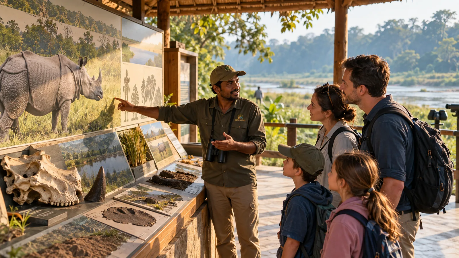 AI-generated editorial depiction of Conservation-focused interpretation in chitwan