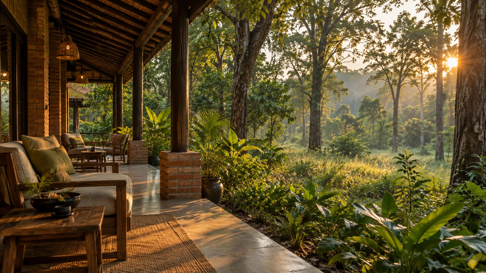 AI-generated editorial depiction of a jungle lodge in Chitwan