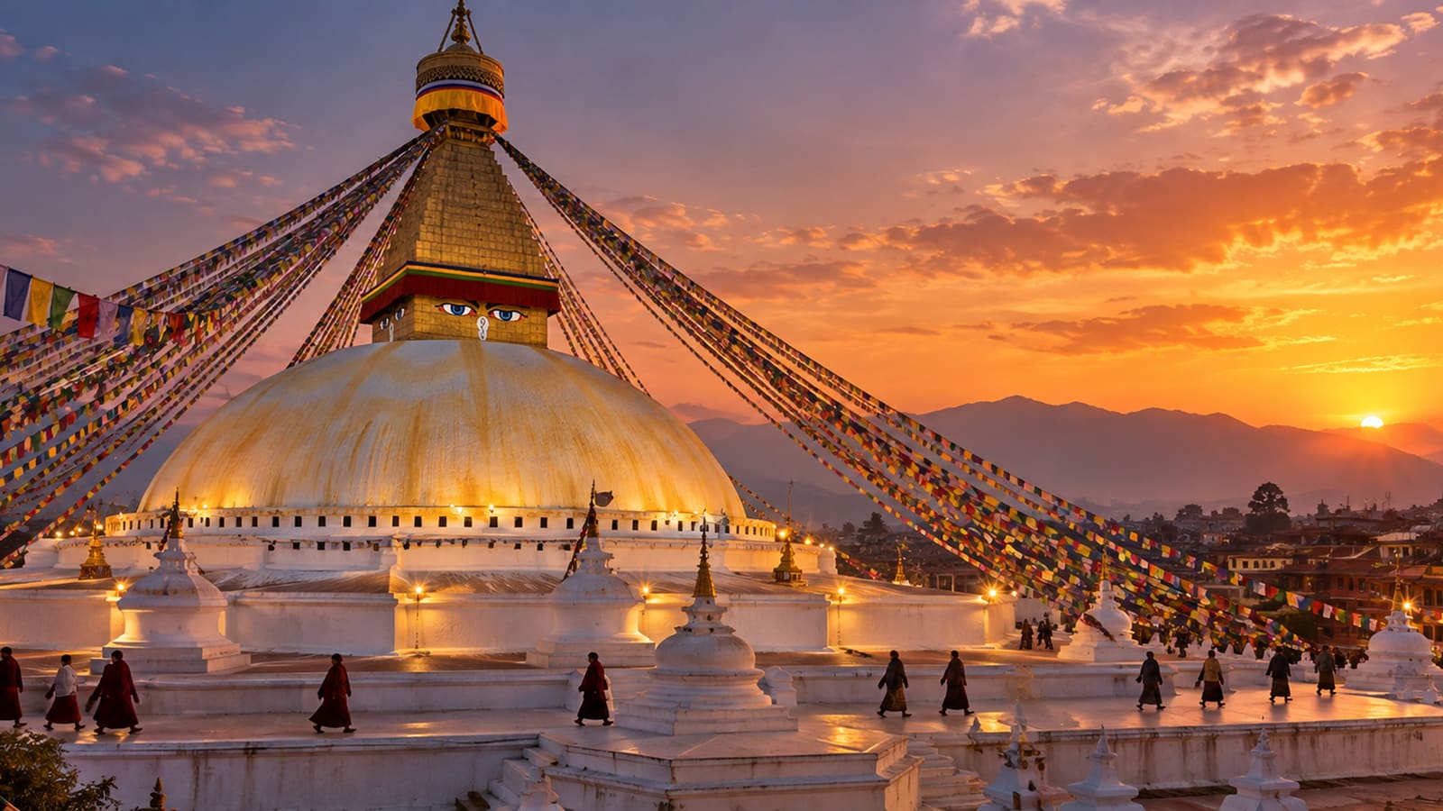 AI-generated illustration of Boudhanath stupa and prayer flags at sunset