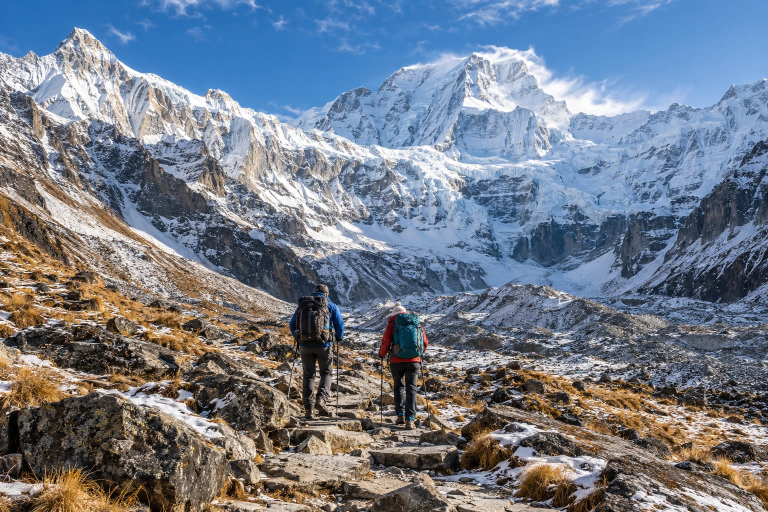 AI-generated illustration of two trekkers on a rocky Annapurna Sanctuary trail beneath snow-covered mountains
