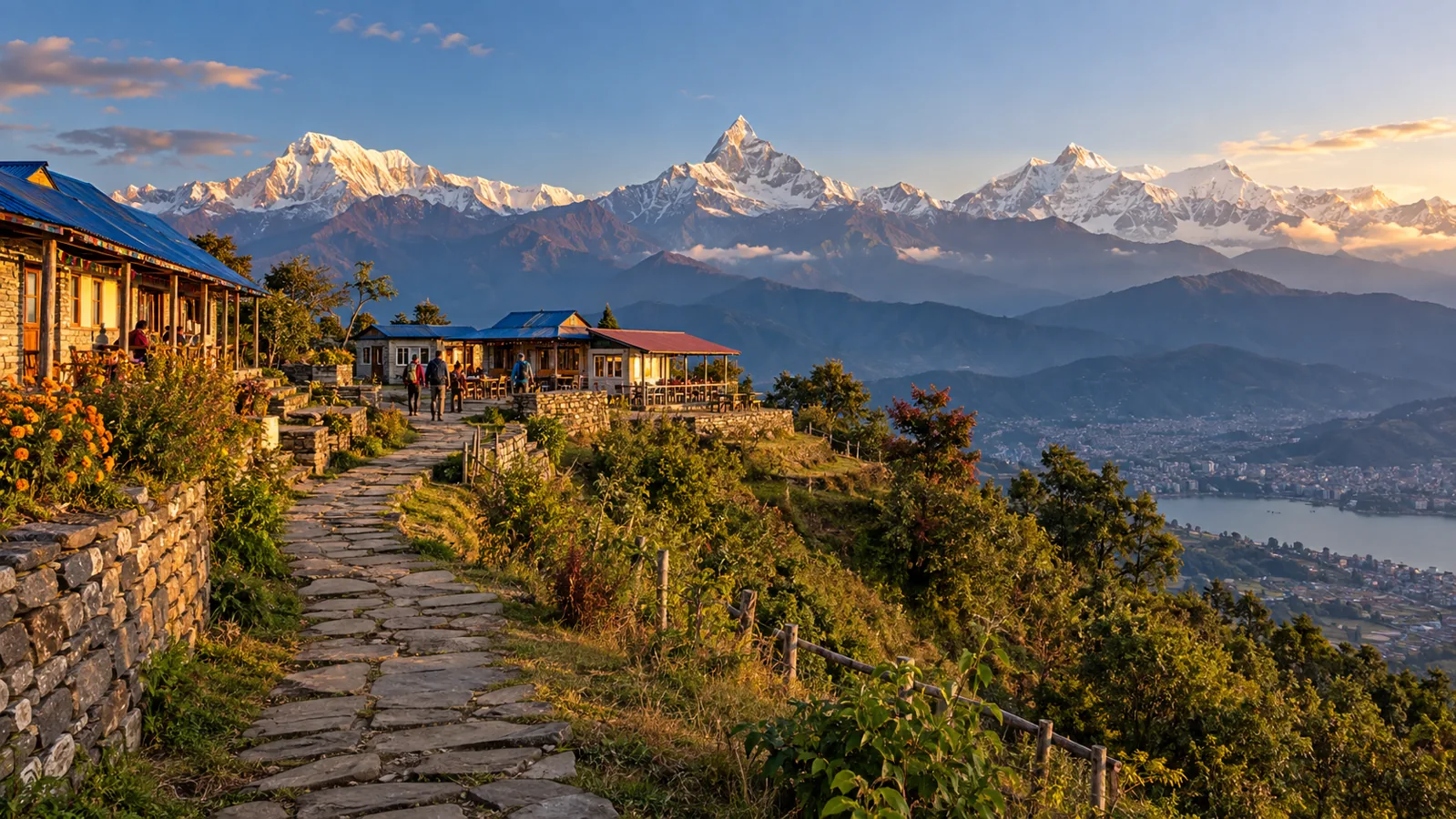 AI-generated editorial view of the Annapurna foothills near Pokhara