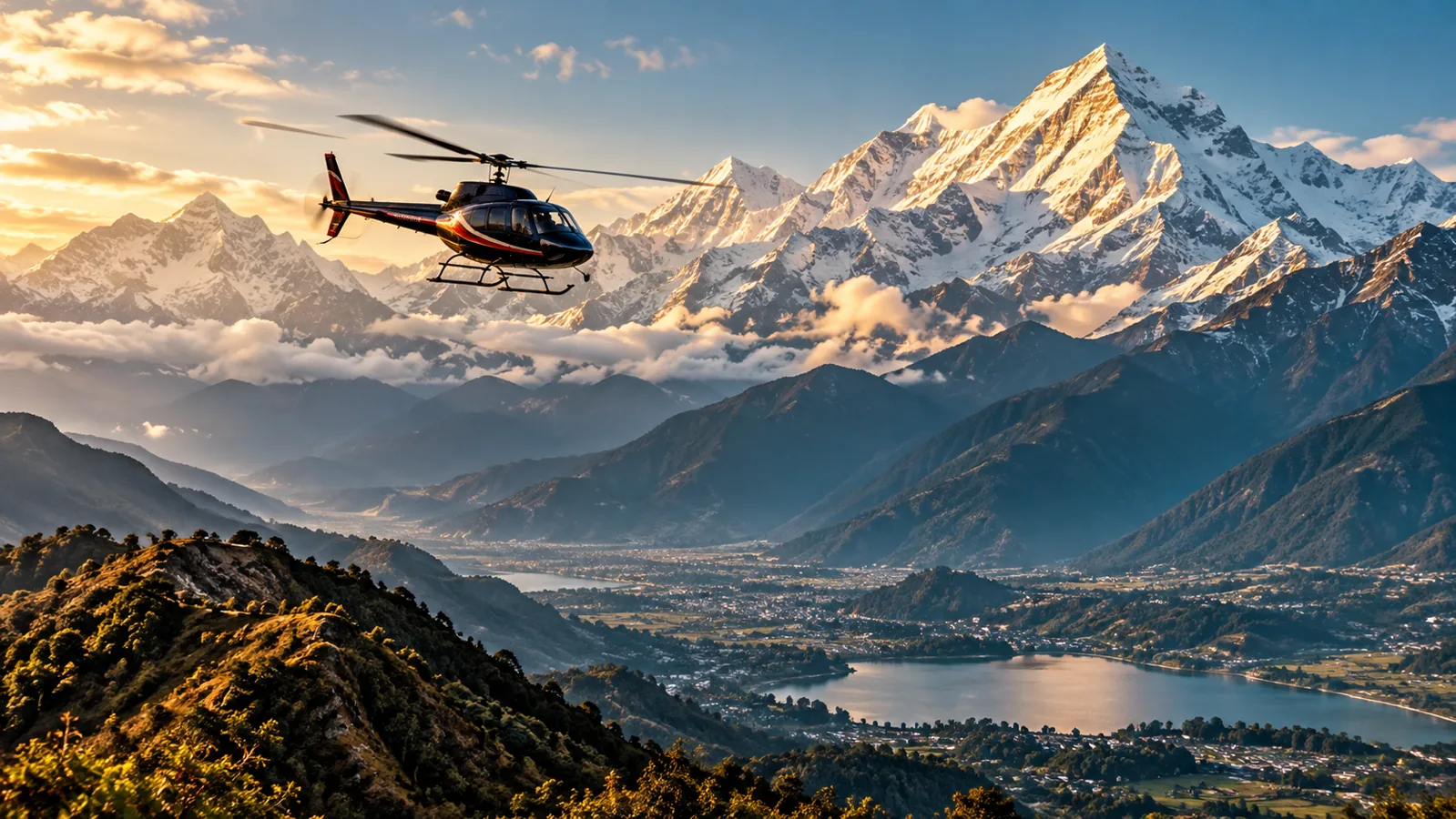 AI-generated editorial depiction of Helicopter journeys in pokhara