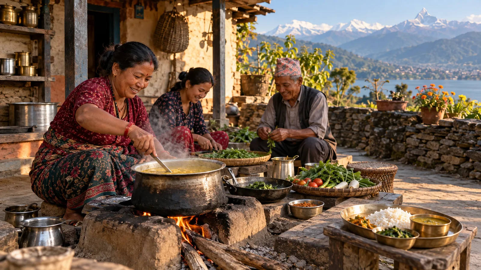 AI-generated editorial depiction of Local food, village and cultural experiences in pokhara