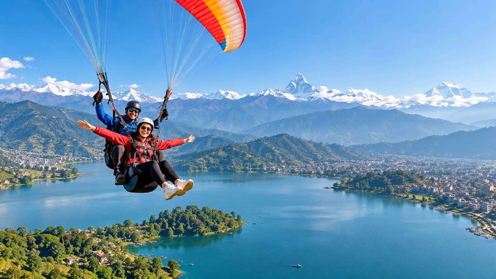 AI-generated illustration of tandem paragliding above Phewa Lake and mountain foothills