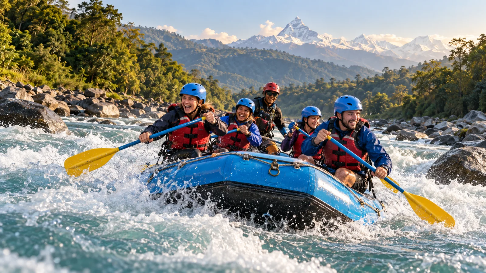 AI-generated editorial depiction of White-water rafting in pokhara