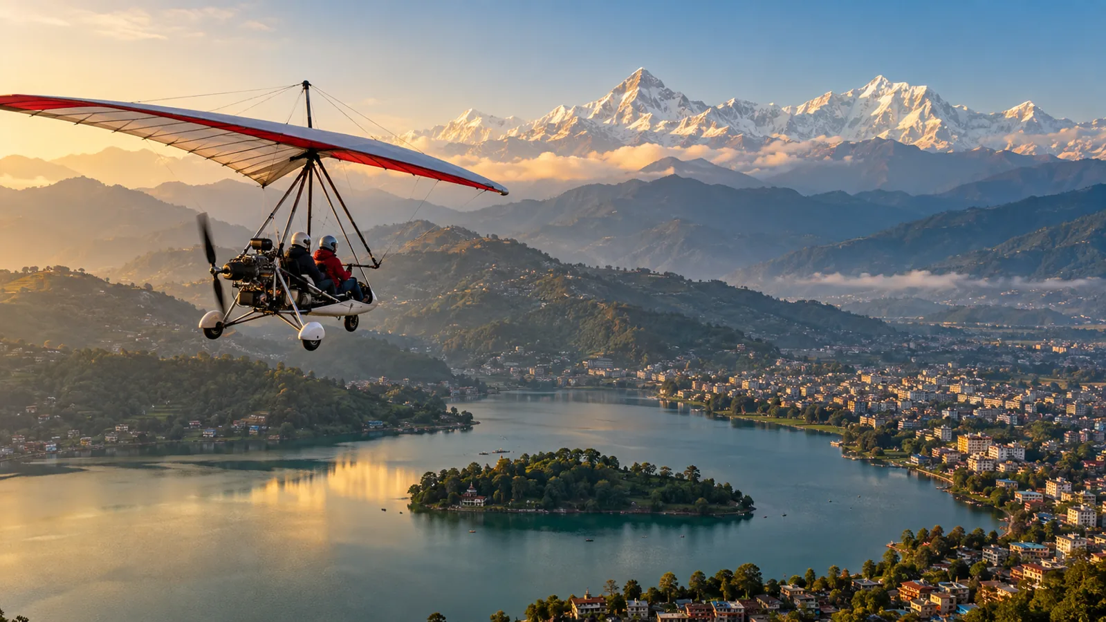 AI-generated editorial depiction of scenic flights over Pokhara