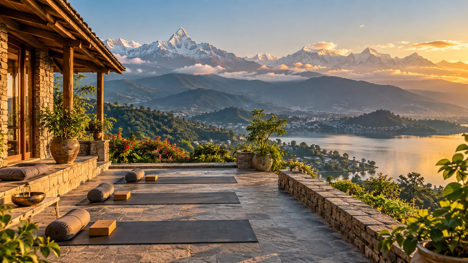 AI-generated editorial depiction of Wellness retreats in pokhara