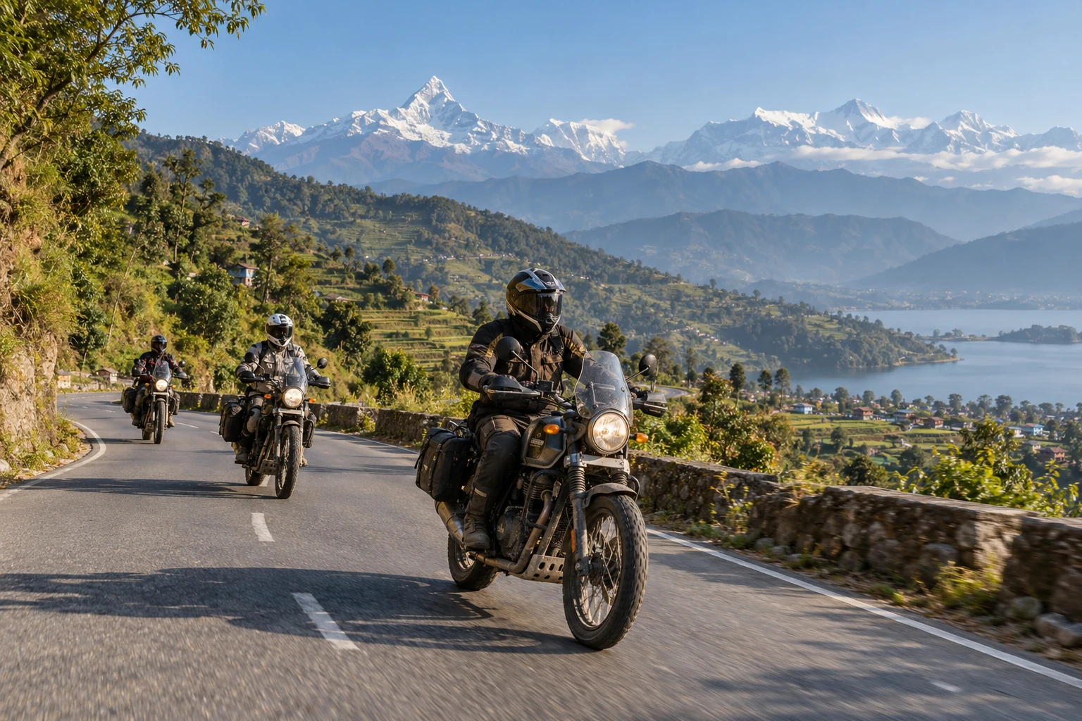AI-generated illustration of helmeted motorcycle riders on a winding road above Pokhara