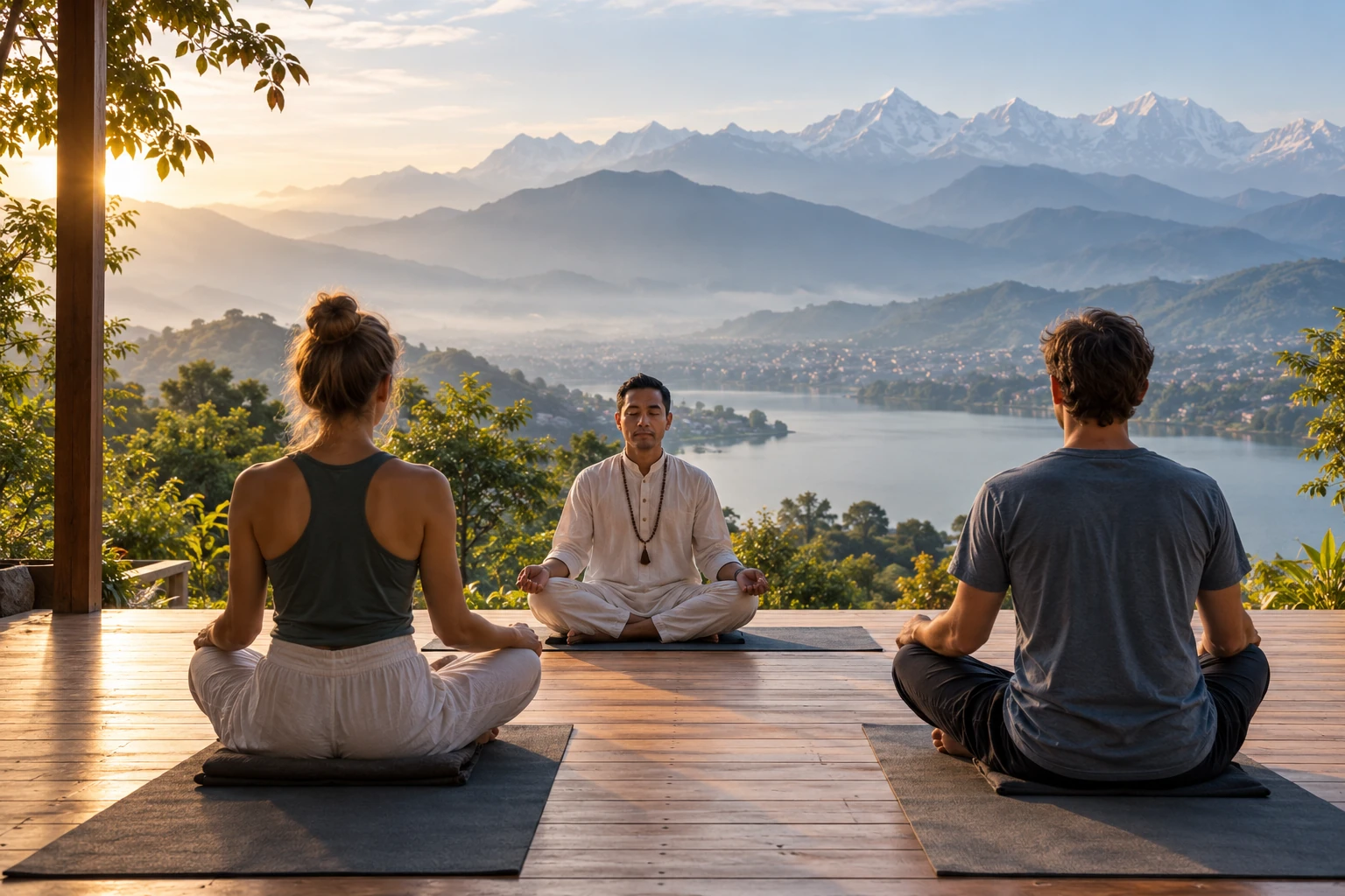 AI-generated illustration of a guided meditation session overlooking Phewa Lake and Himalayan foothills