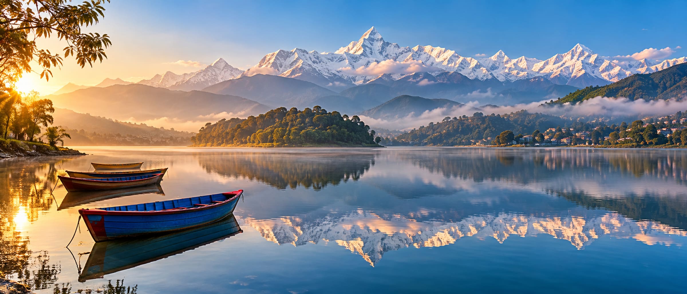 Phewa Lake in Pokhara with the Annapurna range visible behind wooded hills