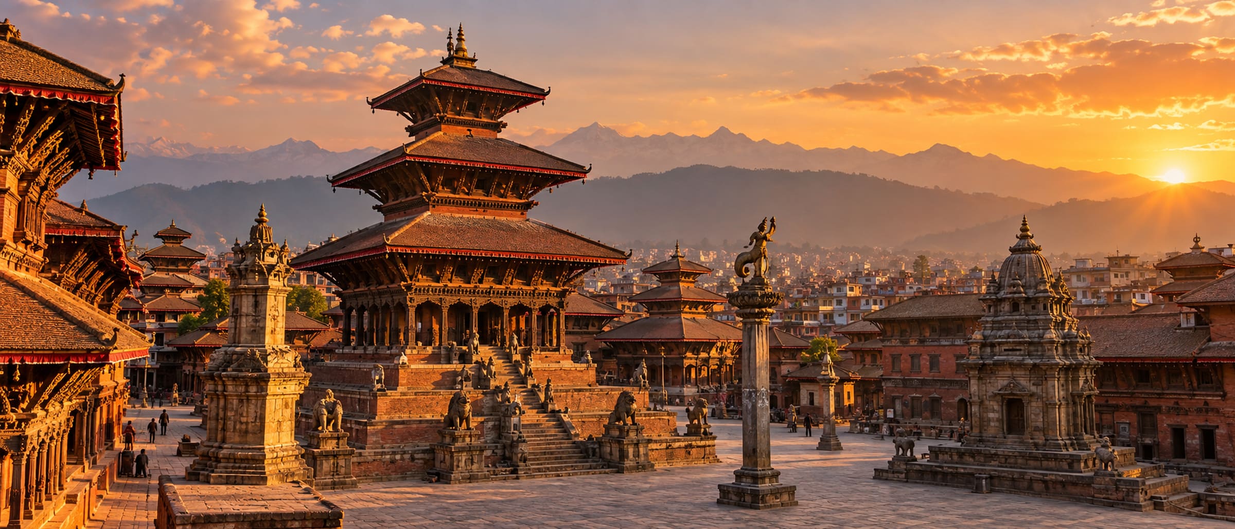 Pagoda-roofed temples in a Kathmandu Durbar Square courtyard at golden hour
