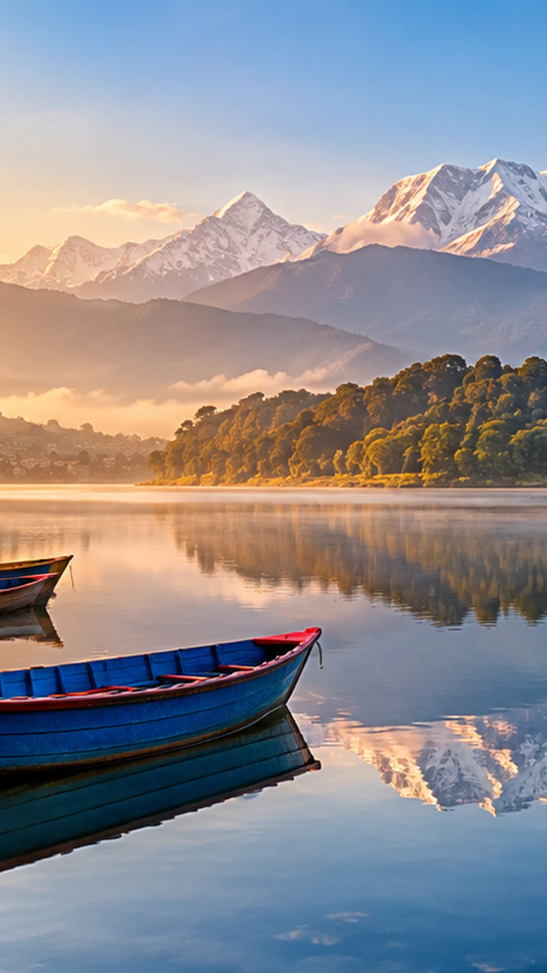 Phewa Lake at sunrise with the Annapurna range reflected in the water