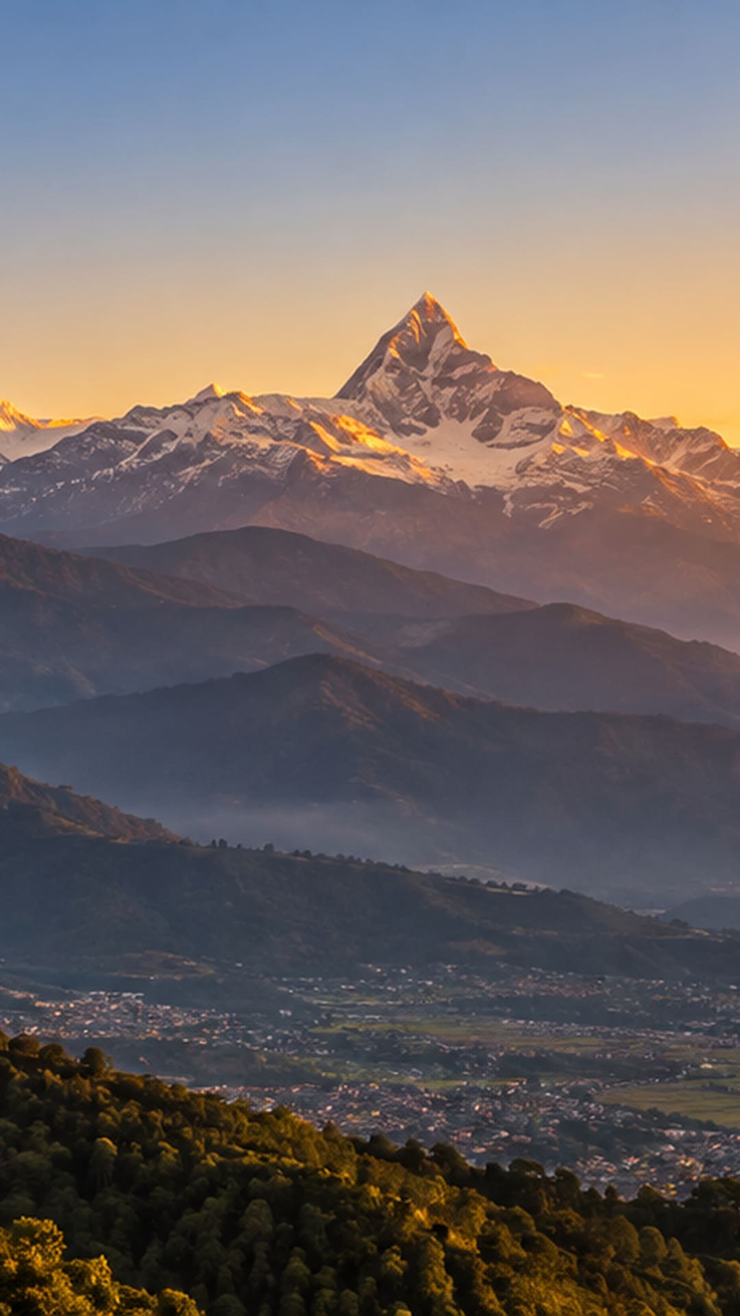Sunrise over the Annapurna and Machhapuchhre peaks seen from Sarangkot