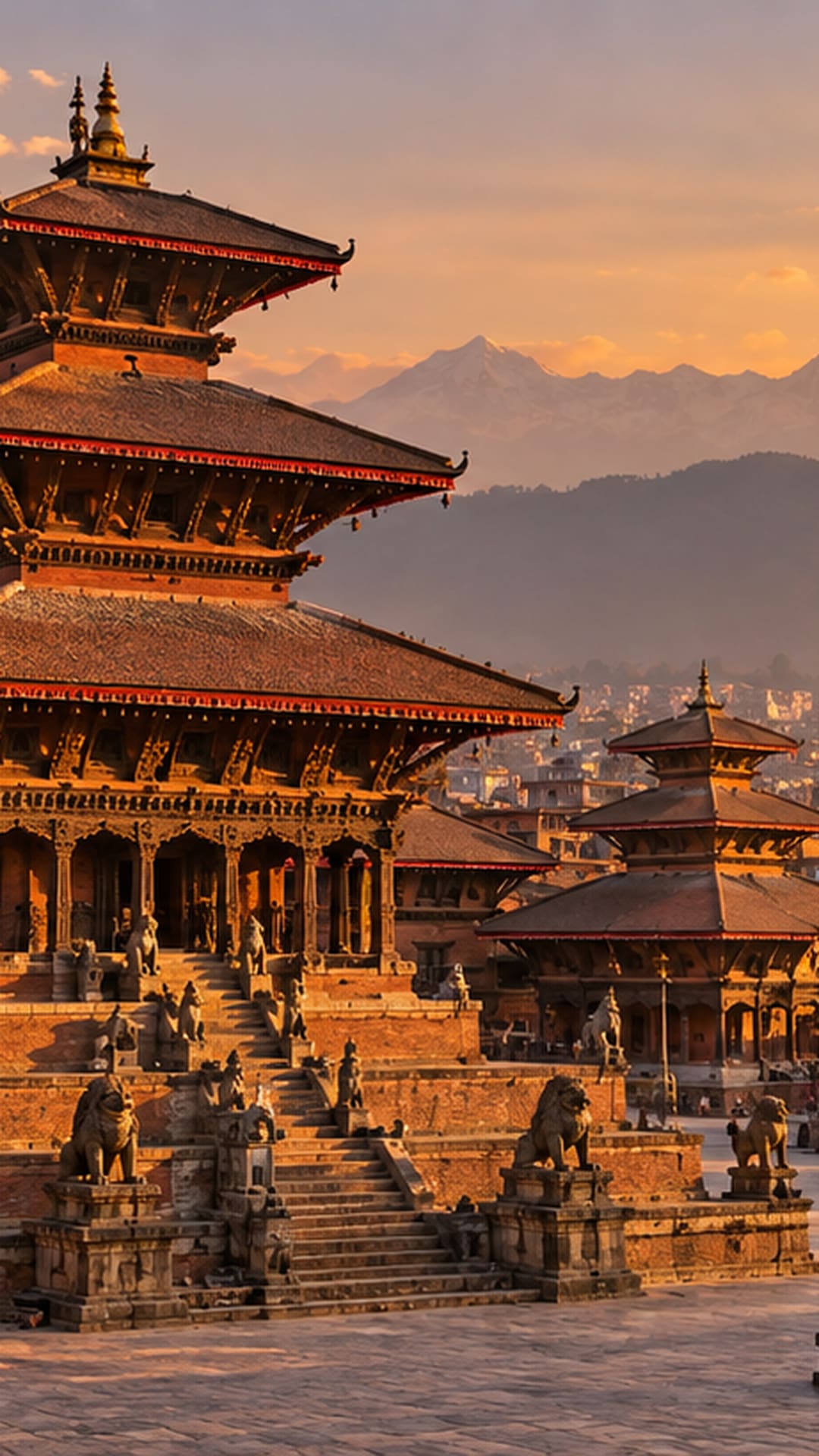 Pagoda-roofed temples in Kathmandu Durbar Square at golden hour