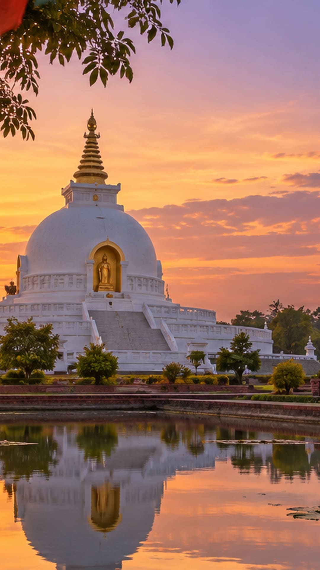 Monastery architecture and prayer flags in Lumbini's Monastic Zone at dusk