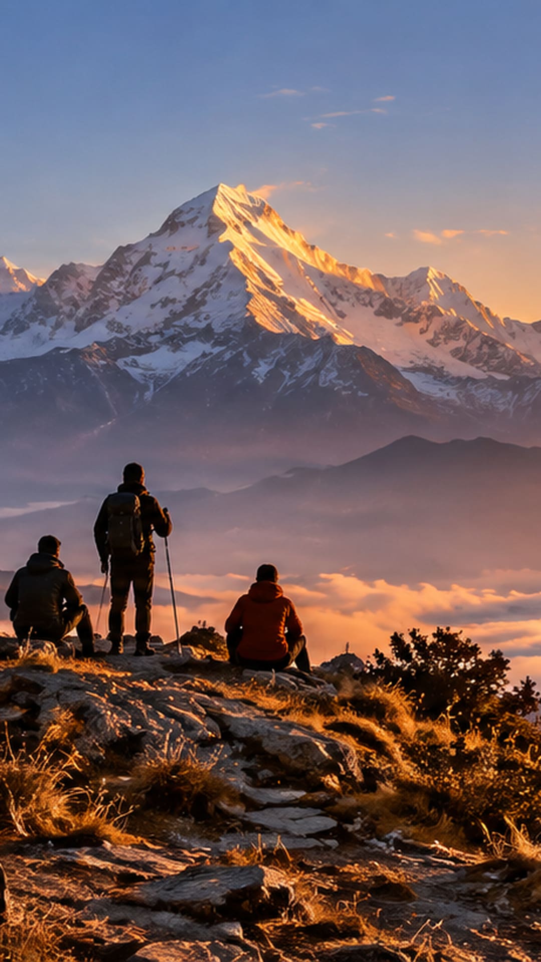Trekkers watching sunrise over the Annapurna and Dhaulagiri ranges from Poon Hill